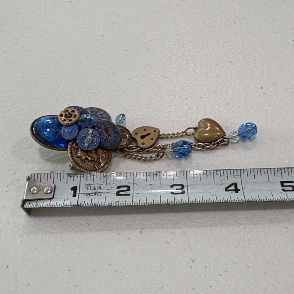 Vintage Glass & Metal Button Brooch with charms—BEAUTIFUL! Glass Beads—Artisan